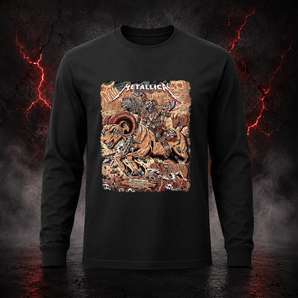 Metallica M72 World Tour June 29 2025 Empower Field At Mile High Denver Colorado United States T-shirt by Juan Ma Orozco featuring a skull-faced warrior riding a horned beast, wolves, skulls, bones, flowers, rocky mountains and Denver event text.